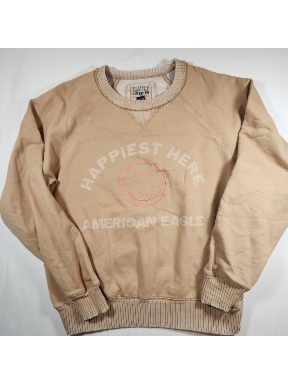 American Eagle Happiest Here Smiley Face Sweatshirt Tan Beige Pullover Small